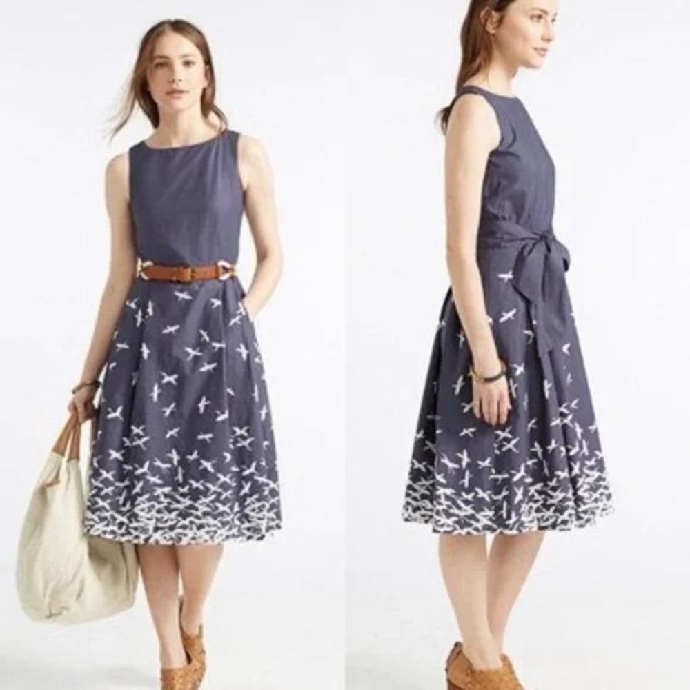 L.L.Bean Signature Blue Poplin Dress w/ Bird Pattern & Waist Tie Women's Size 16